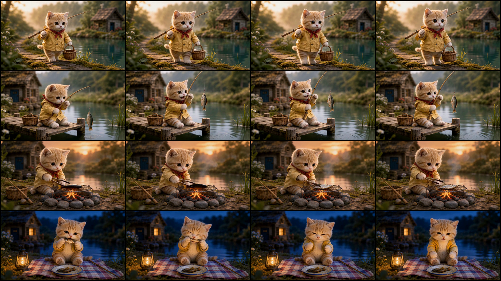 小貓故事 contact sheet：四個場景保持可讀，角色延續到最後的夜景。